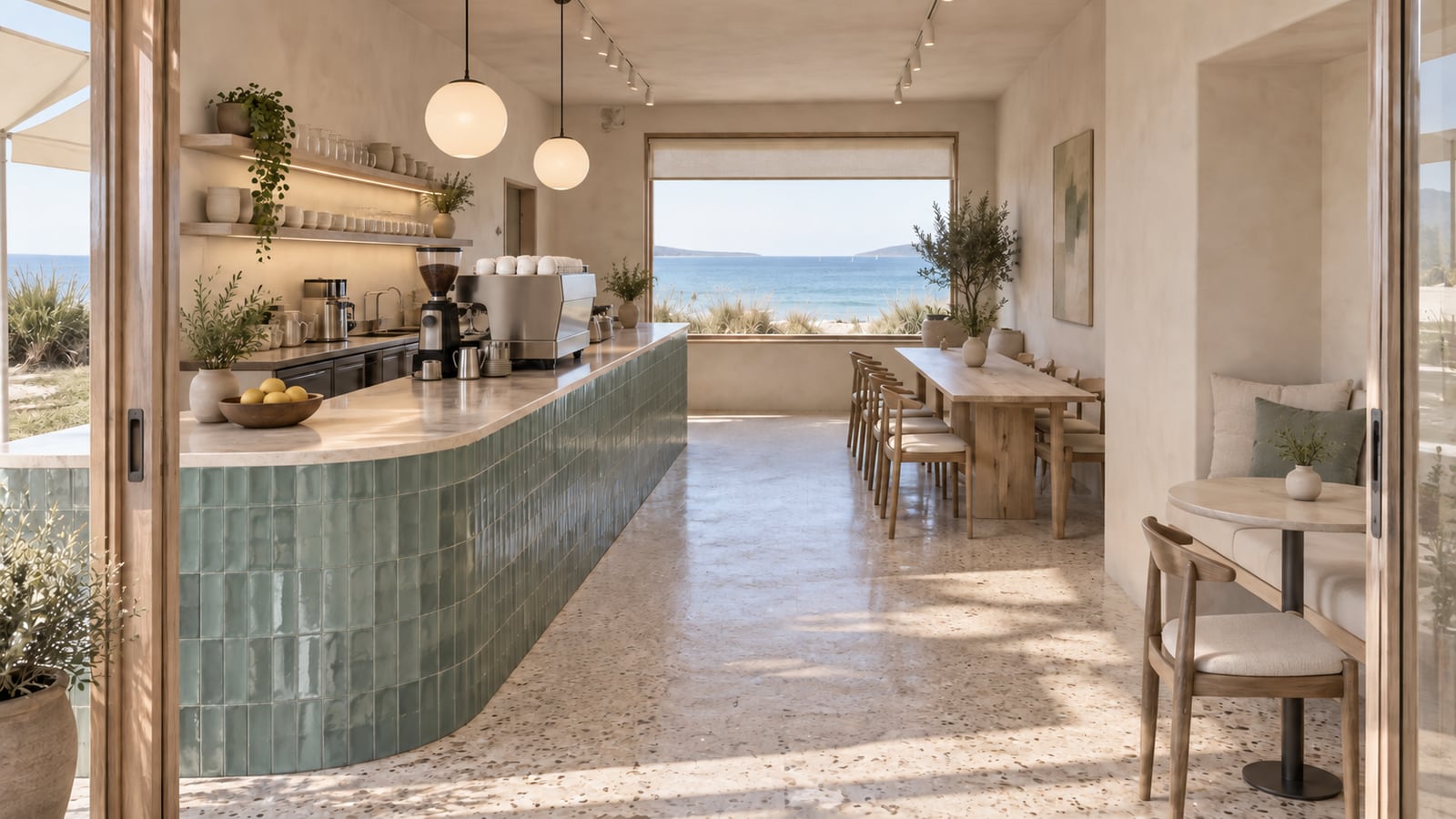 AI-assisted concept visualization: Cafe and service counter overview