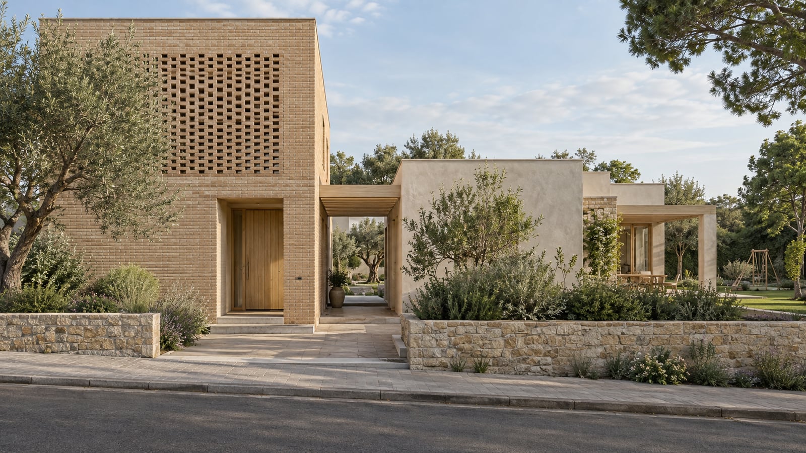 Courtyard Family Villa — Street facade with recessed entry. AI-assisted concept visualization.