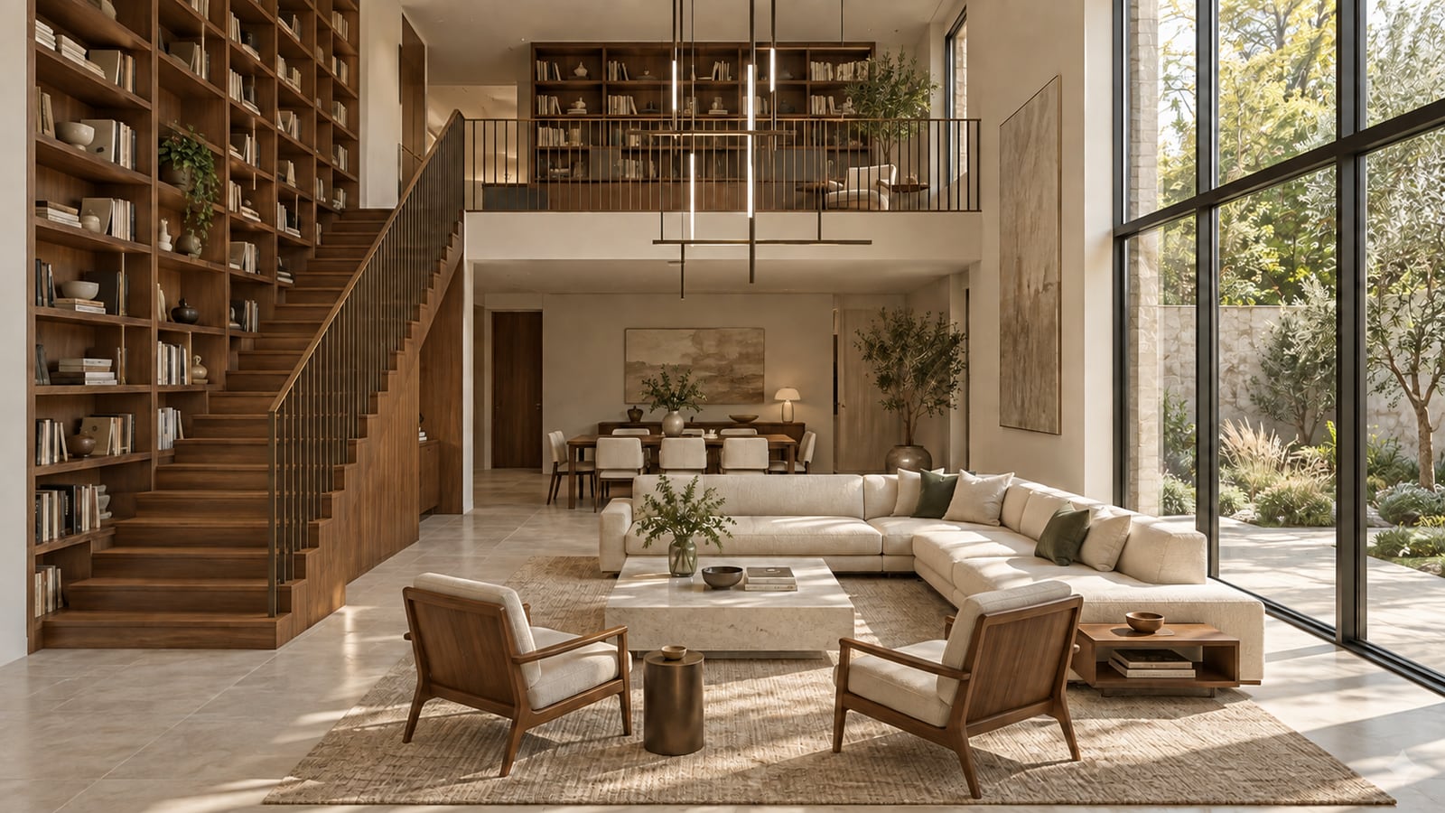 AI-assisted concept visualization: Living room with full double-height volume
