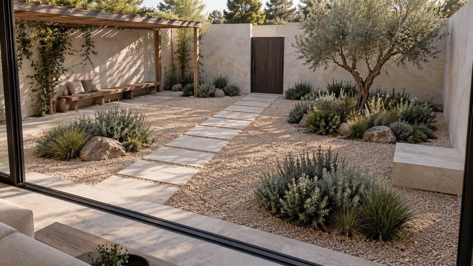 AI-assisted concept visualization: Courtyard and gravel garden overview