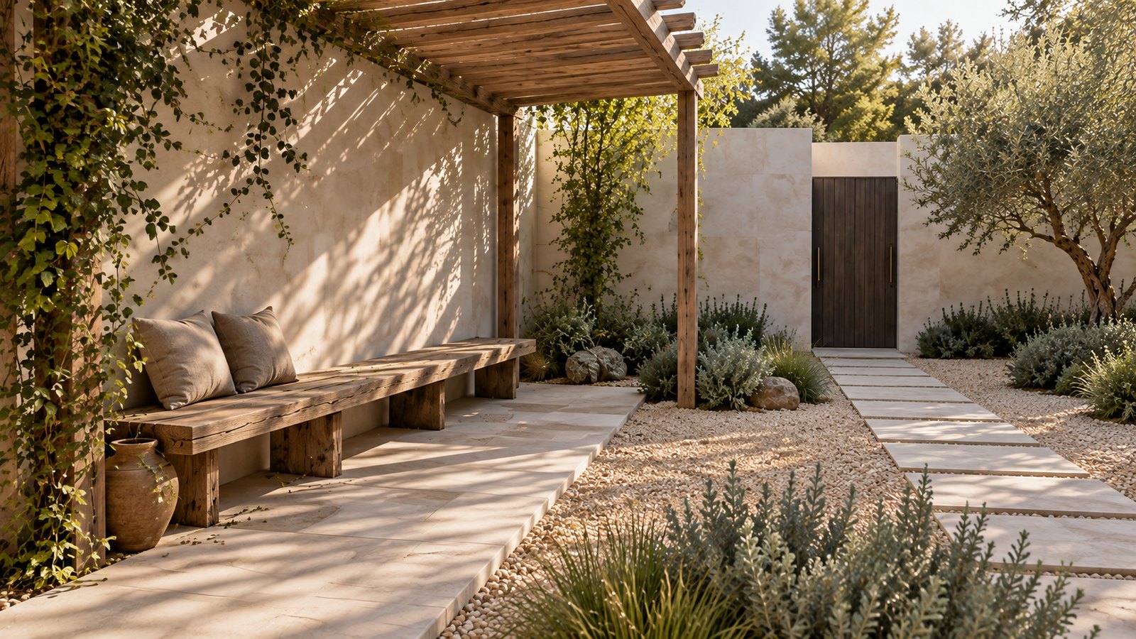 AI-assisted concept visualization: Shaded timber bench