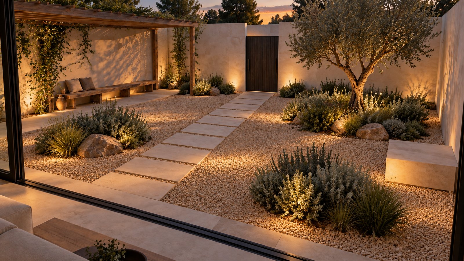 AI-assisted concept visualization: Low evening light across the gravel