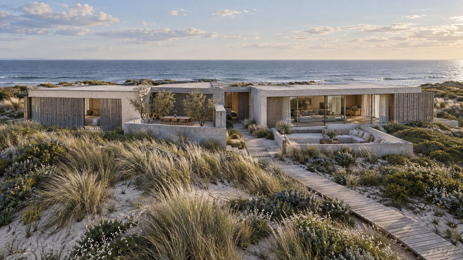 Dune Pavilion House — Low residence above dune planting. AI-assisted concept visualization.