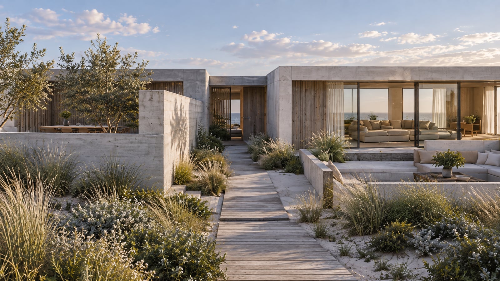 Dune Pavilion House — Wind-sheltered entry court. AI-assisted concept visualization.