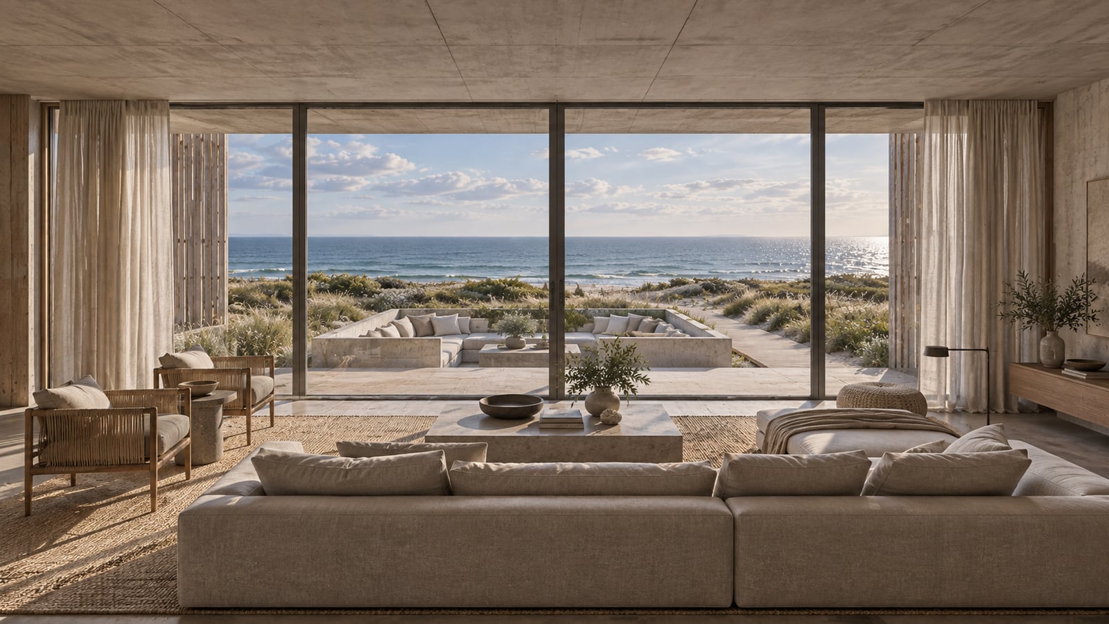 Dune Pavilion House — Living room framing a distant horizon. AI-assisted concept visualization.