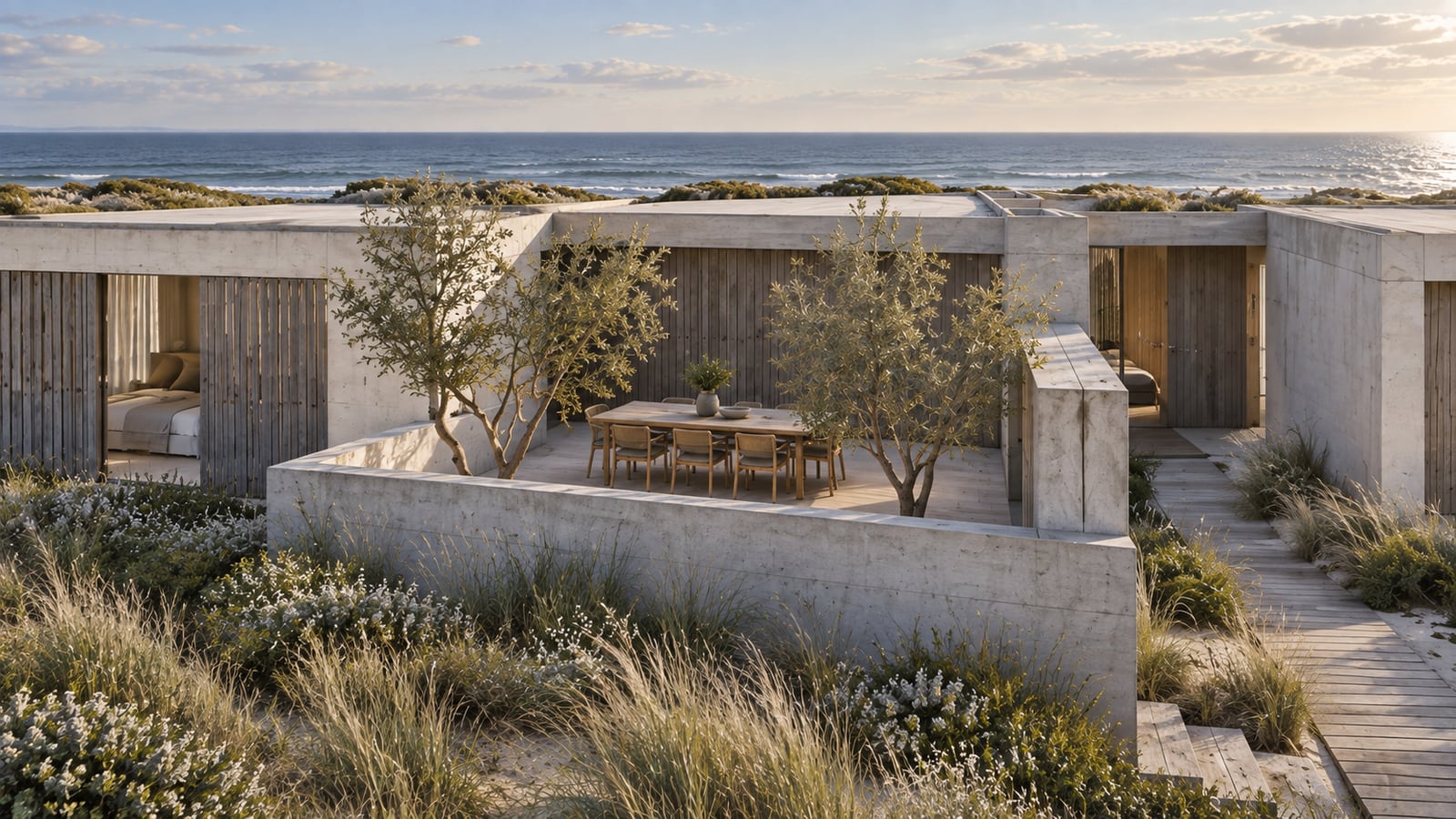 Dune Pavilion House — Protected outdoor dining alcove. AI-assisted concept visualization.