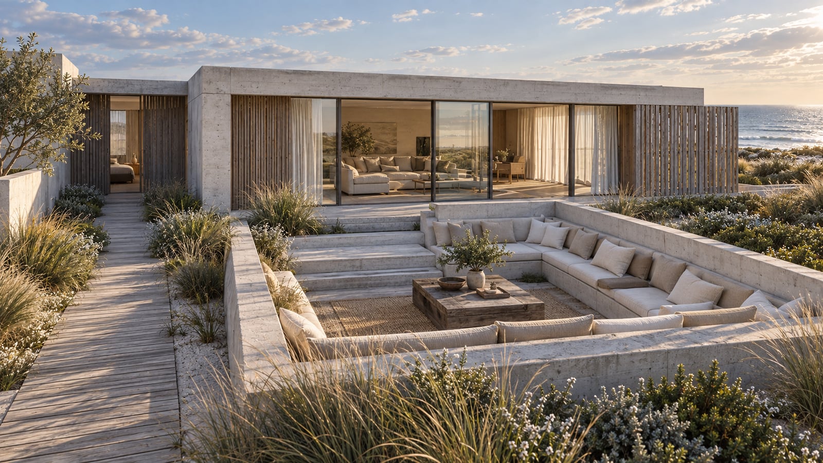 Dune Pavilion House — Sunken conversation terrace. AI-assisted concept visualization.