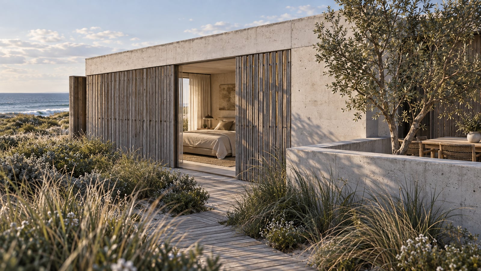 Dune Pavilion House — Primary bedroom behind cedar screens. AI-assisted concept visualization.
