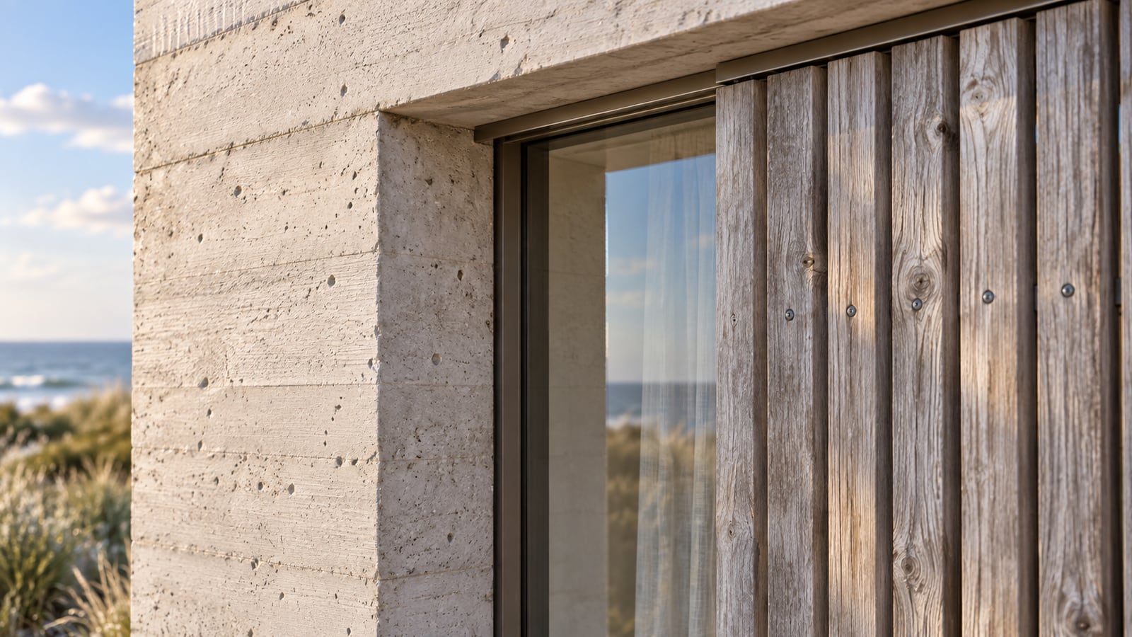 Dune Pavilion House — Concrete reveal and cedar shutter detail. AI-assisted concept visualization.