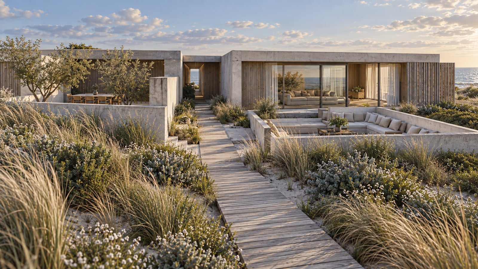 Dune Pavilion House — Boardwalk through dune grasses. AI-assisted concept visualization.