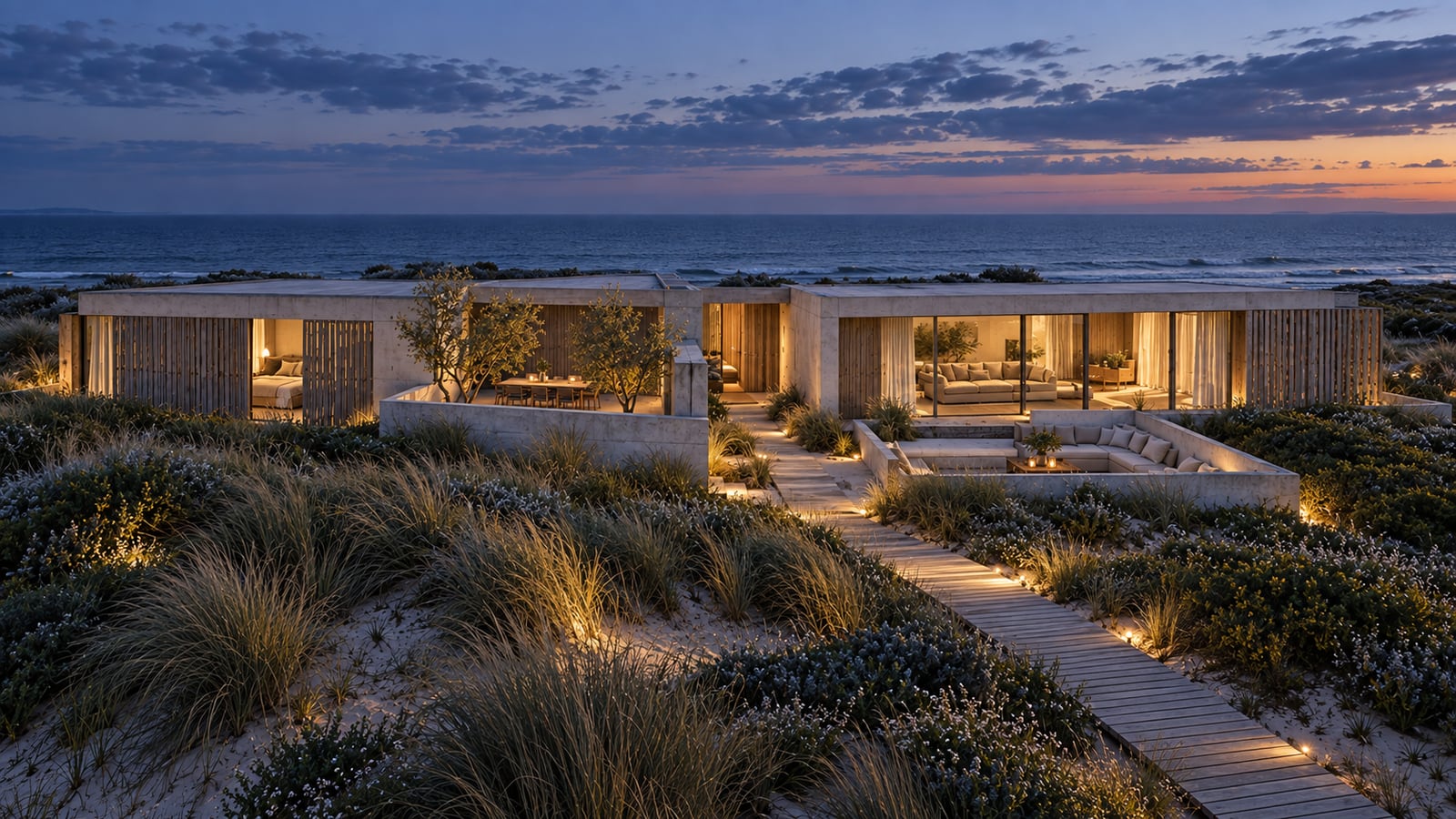 Dune Pavilion House — Blue-hour facade under a broad sky. AI-assisted concept visualization.
