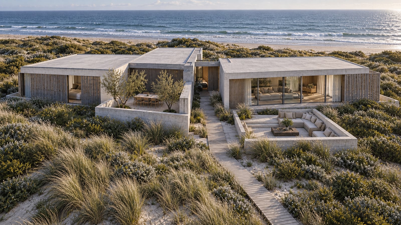 Dune Pavilion House — Roofscape and sheltered courtyard arrangement. AI-assisted concept visualization.