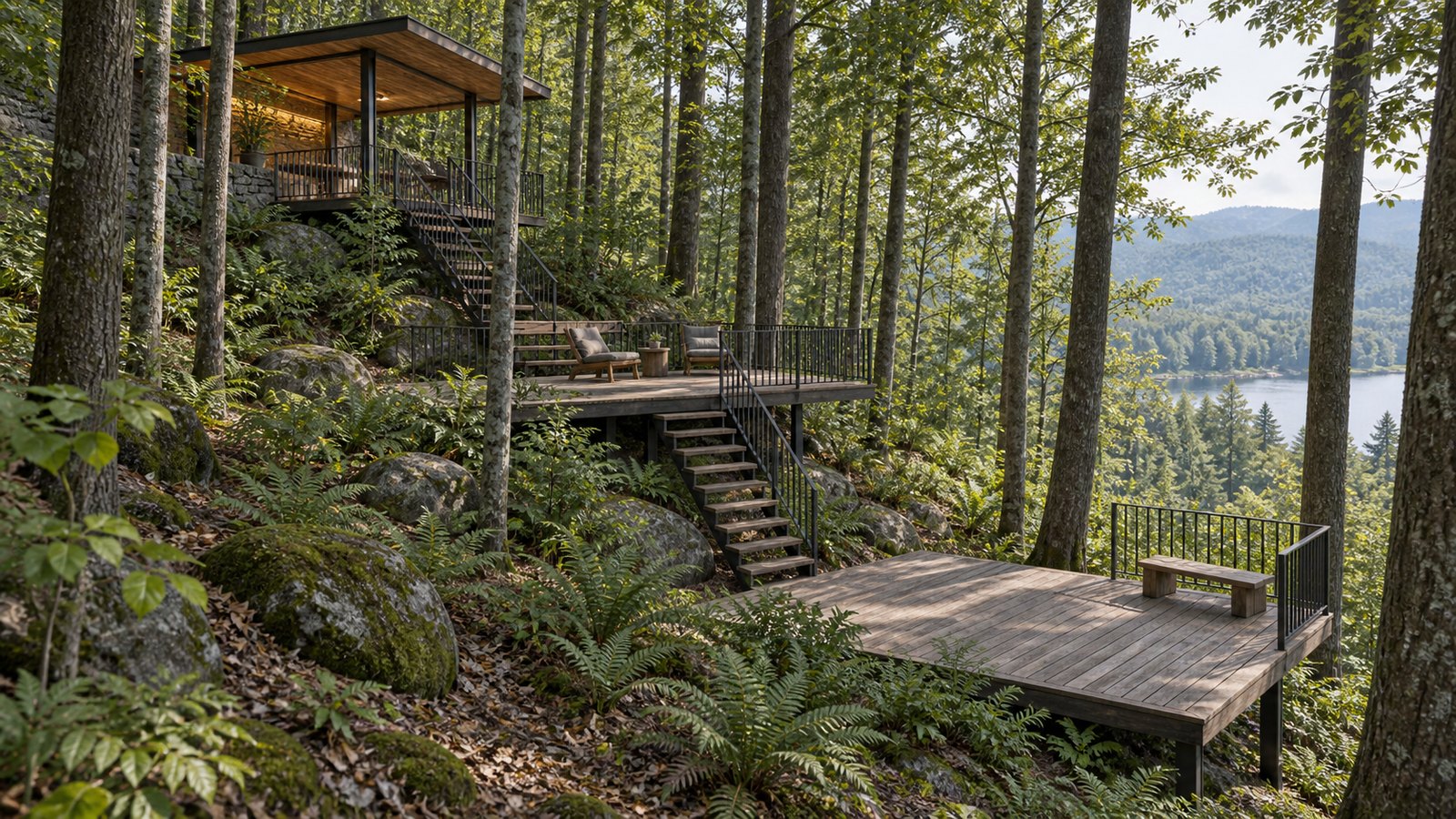 AI-assisted concept visualization: Deck sequence among forest trunks