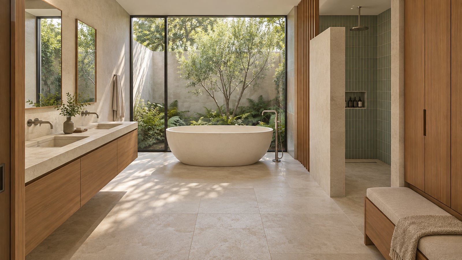 AI-assisted concept visualization: Bathroom and garden court overview