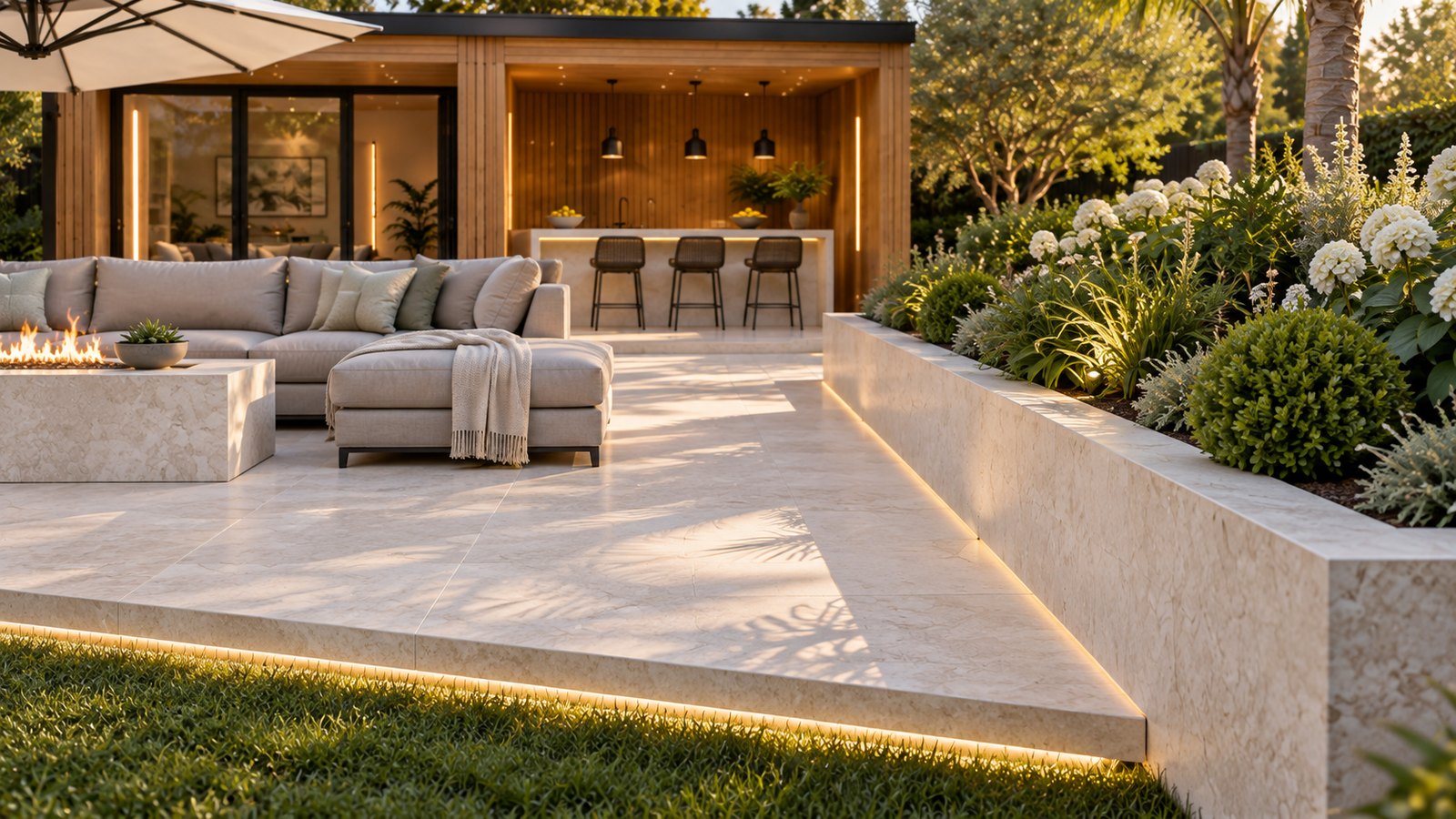 AI-assisted concept visualization: Stone paving and planter junction