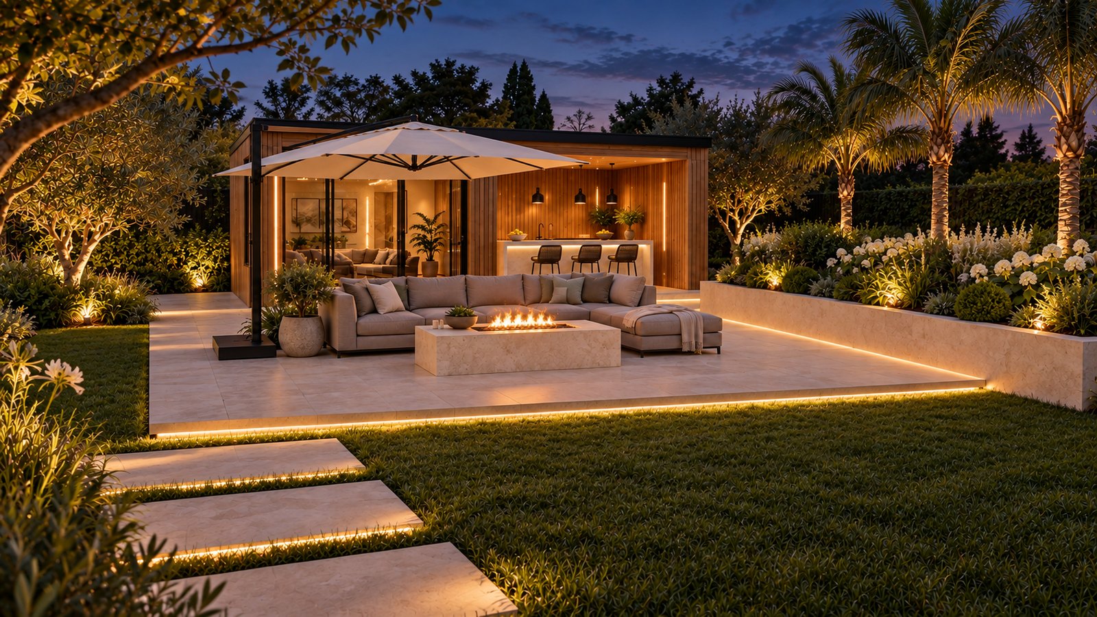 AI-assisted concept visualization: Evening garden lighting and pavilion glow