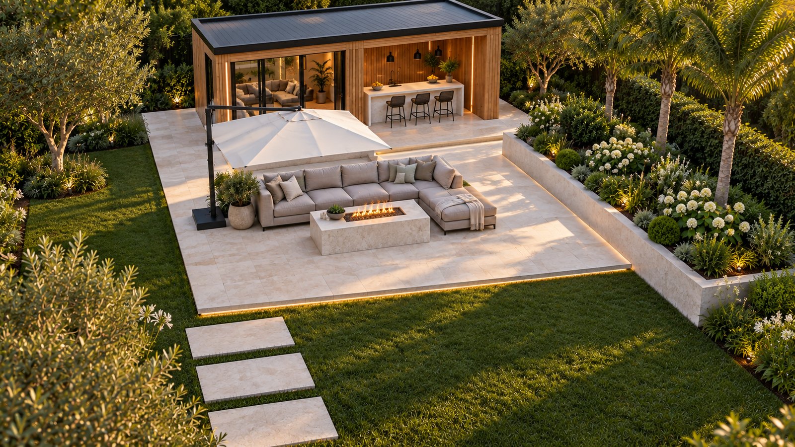 AI-assisted concept visualization: Overhead arrangement of paths and outdoor rooms