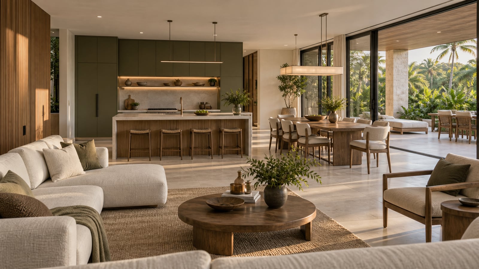 Olive cabinetry and a connected living and dining space in an AI-assisted interior concept