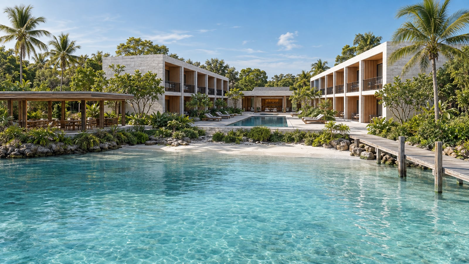 Lagoon Guest Hotel — Lagoon-facing hotel overview. AI-assisted concept visualization.