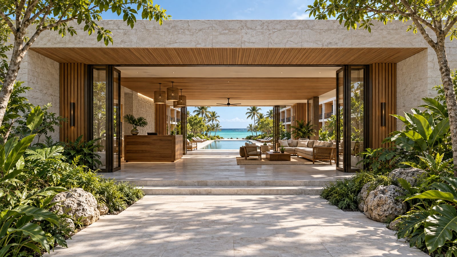 Lagoon Guest Hotel — Sheltered arrival and reception. AI-assisted concept visualization.