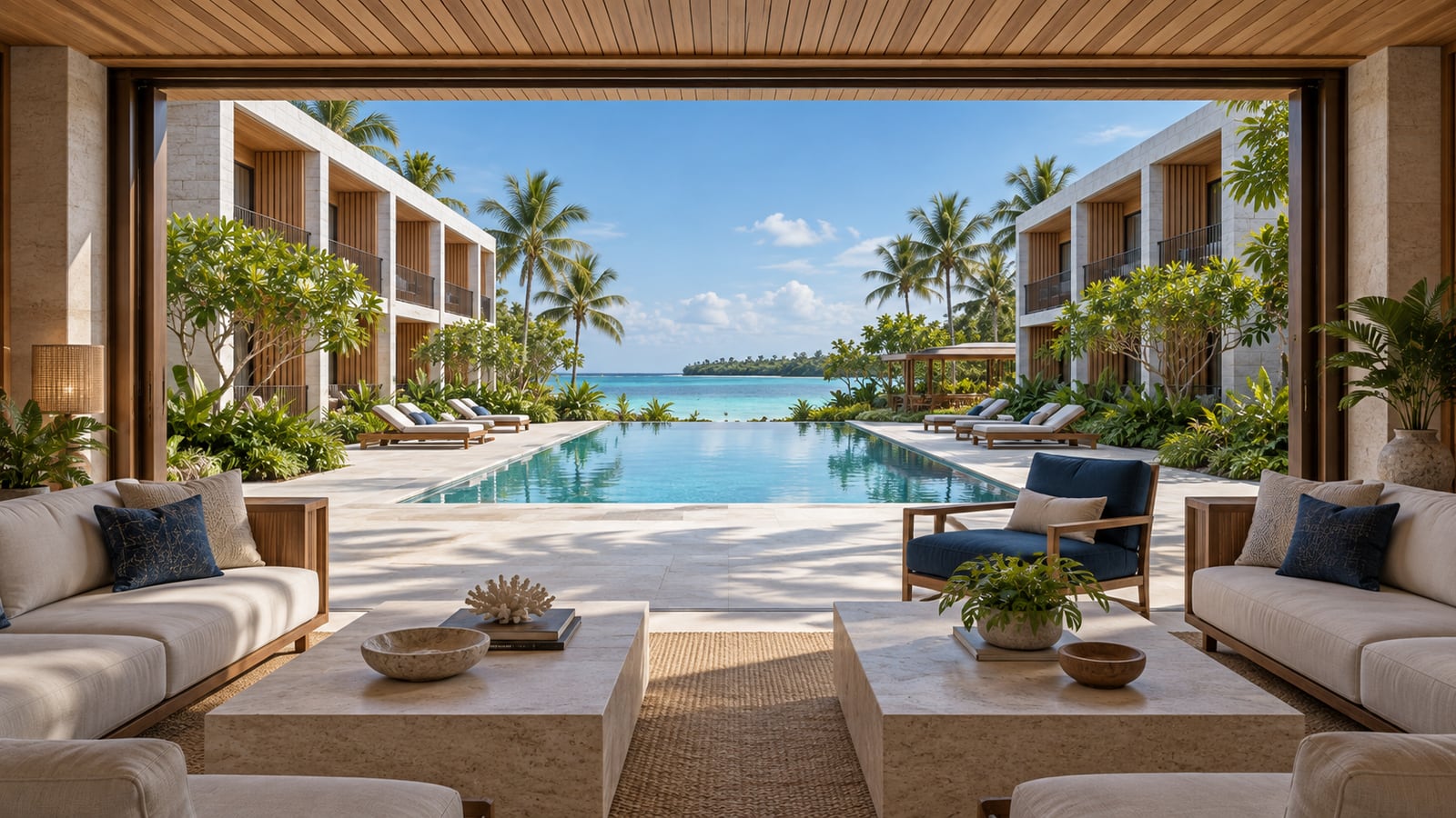 Lagoon Guest Hotel — Open lounge framing the water. AI-assisted concept visualization.