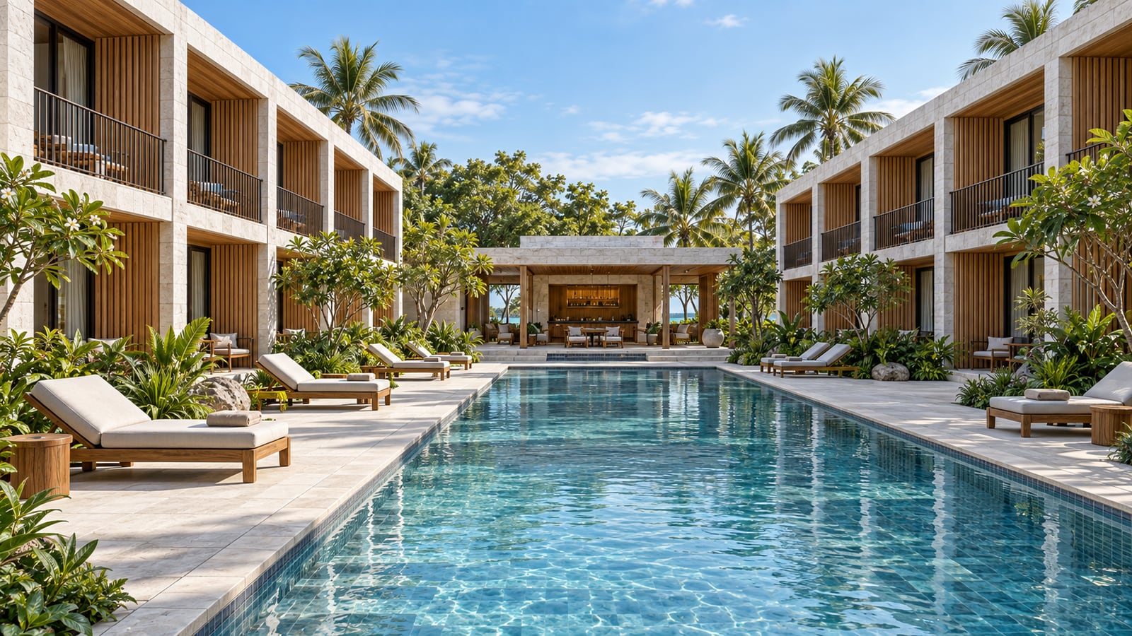 Lagoon Guest Hotel — Pool court between guest wings. AI-assisted concept visualization.