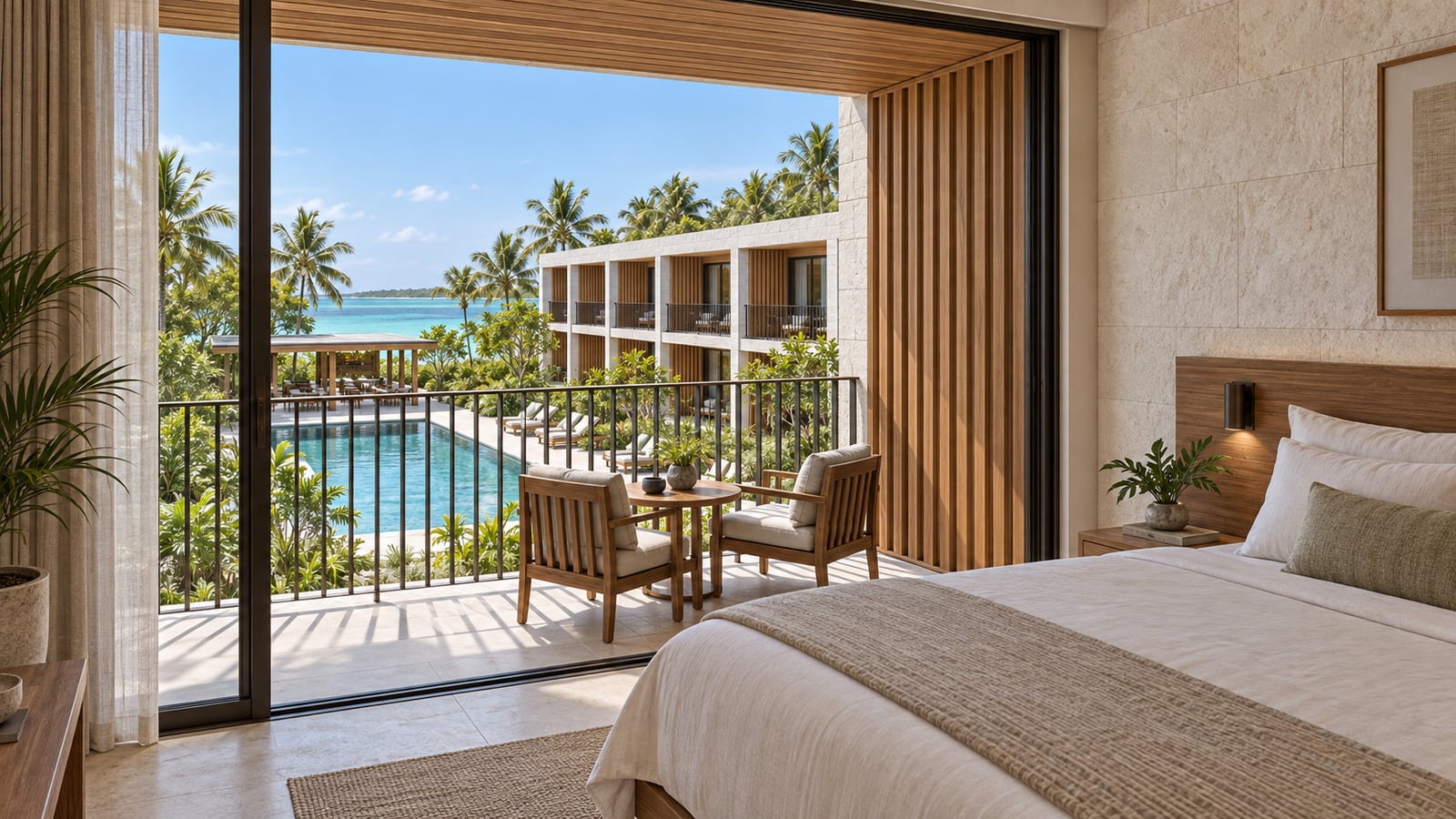 Lagoon Guest Hotel — Guest suite balcony. AI-assisted concept visualization.