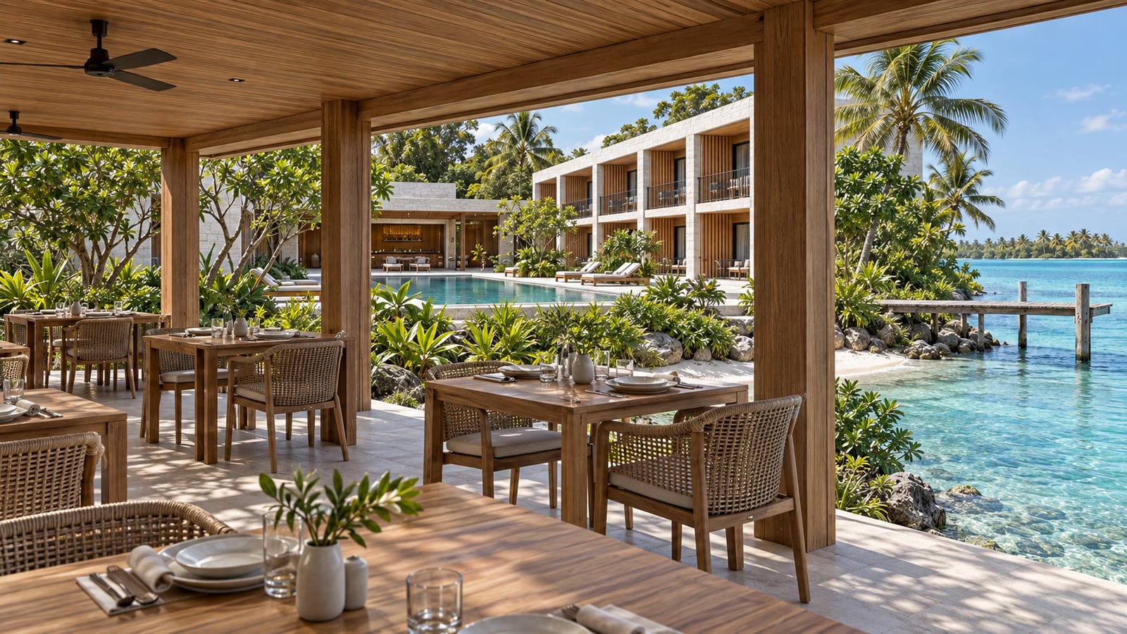 Lagoon Guest Hotel — Waterside dining pavilion. AI-assisted concept visualization.