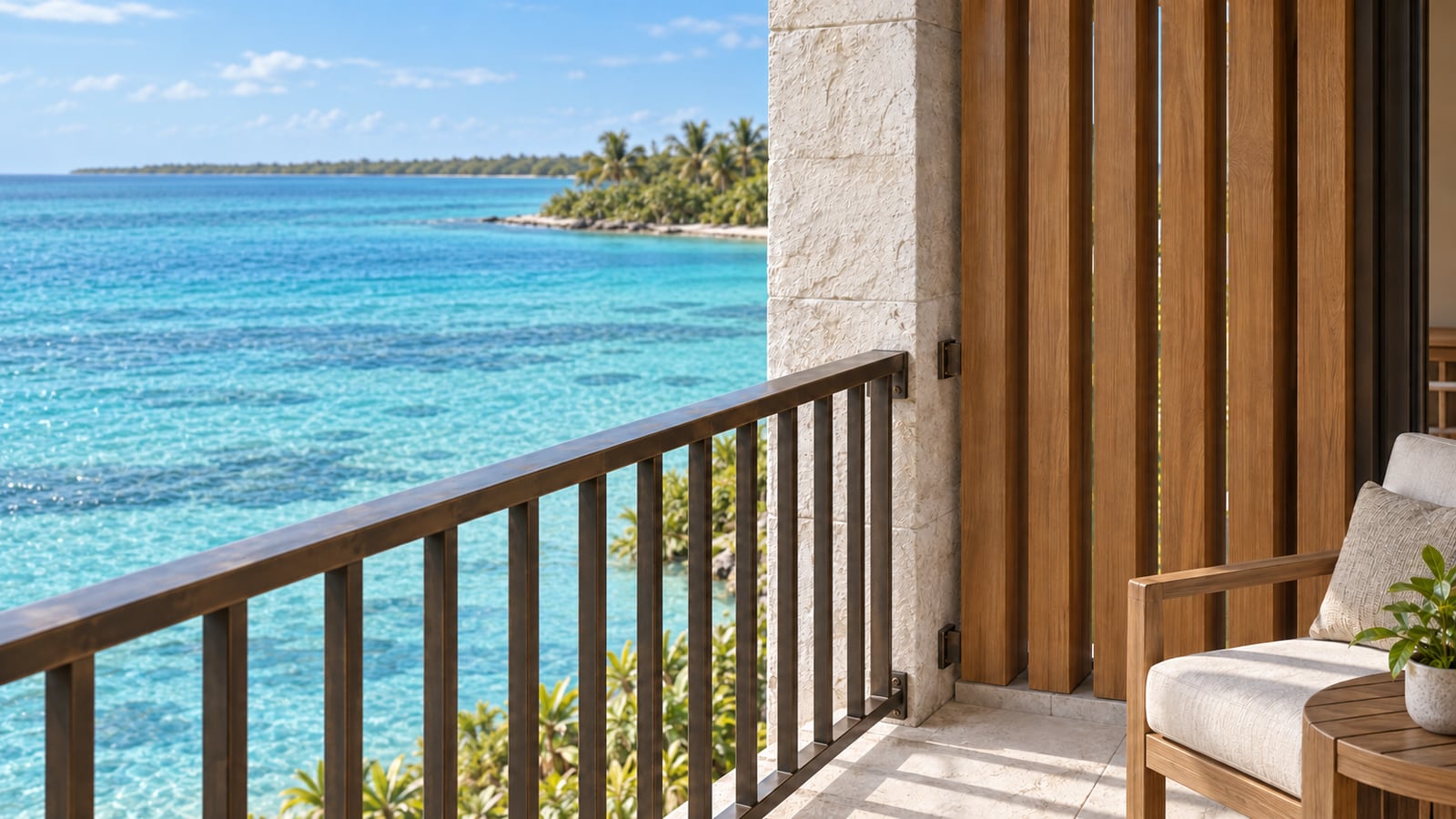 Lagoon Guest Hotel — Teak screen and bronze handrail detail. AI-assisted concept visualization.