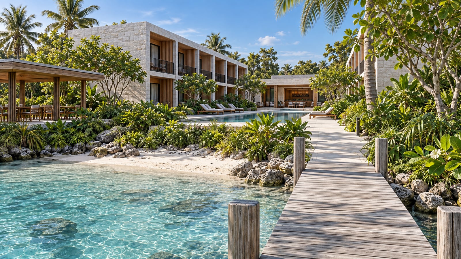 Lagoon Guest Hotel — Planted path to a modest jetty. AI-assisted concept visualization.