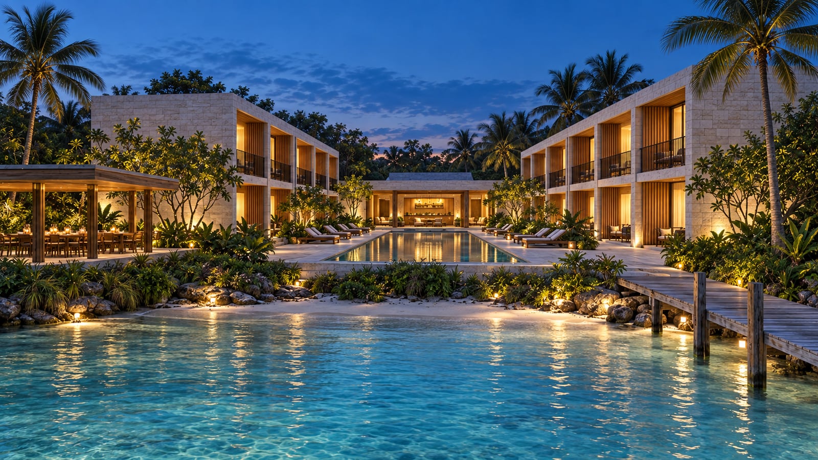Lagoon Guest Hotel — Evening reflections along guest rooms. AI-assisted concept visualization.