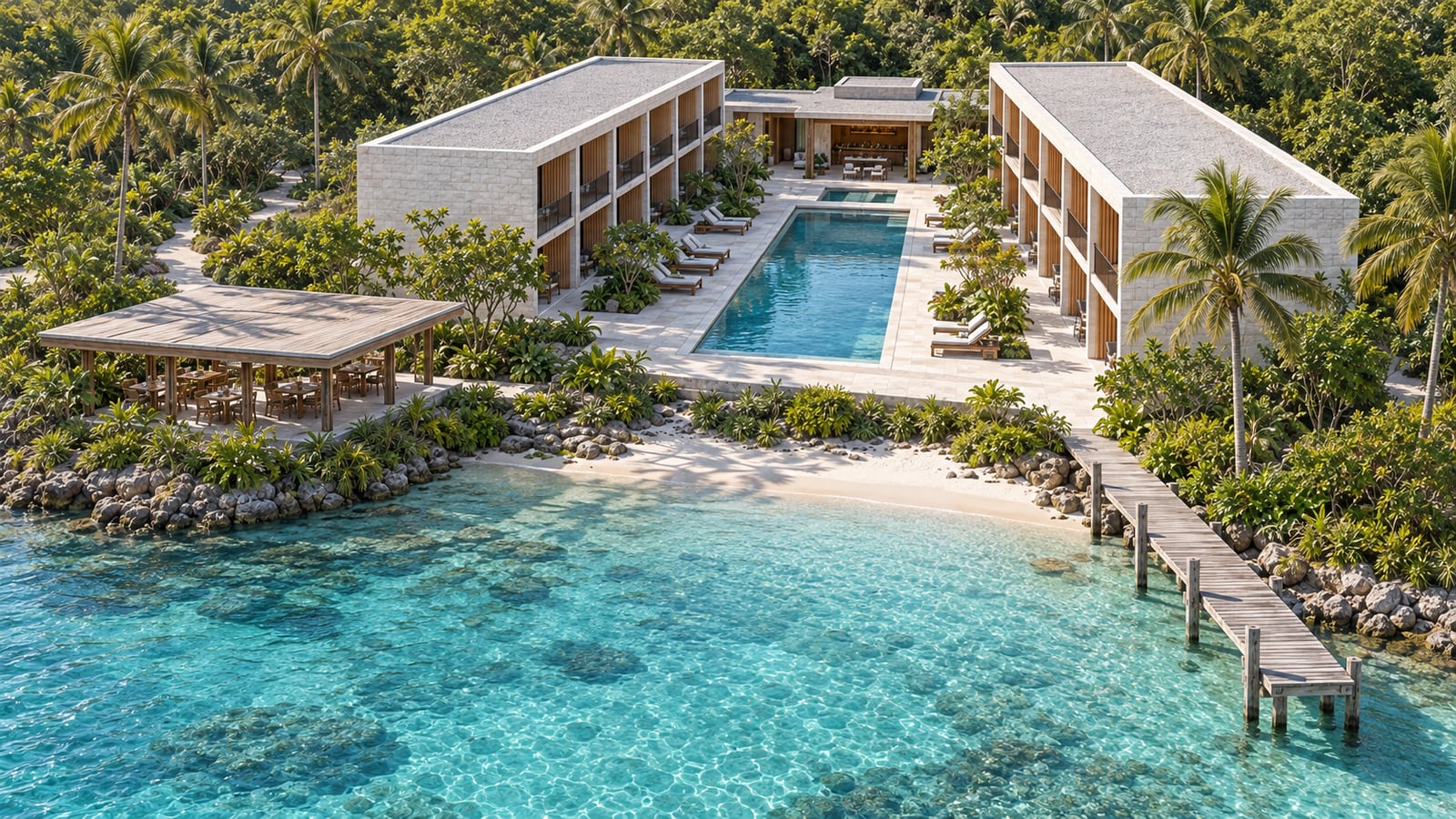 Lagoon Guest Hotel — Aerial guest wings and water-edge landscape. AI-assisted concept visualization.
