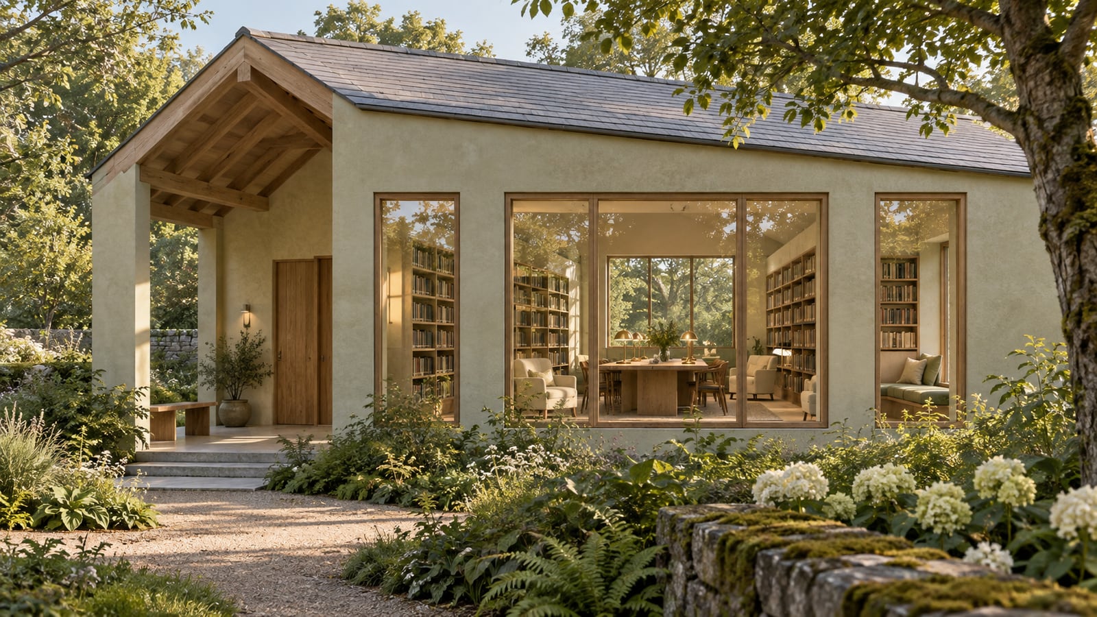 AI-assisted storyboard study: Reading-house facade in morning light
