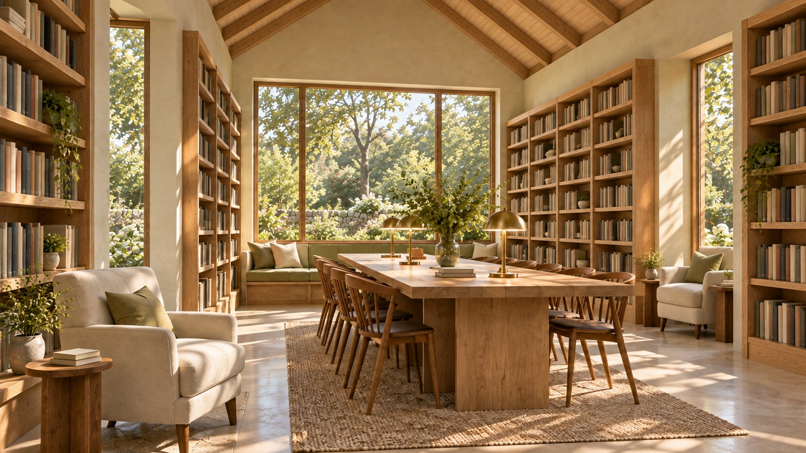 AI-assisted storyboard study: Main reading room and oak shelving
