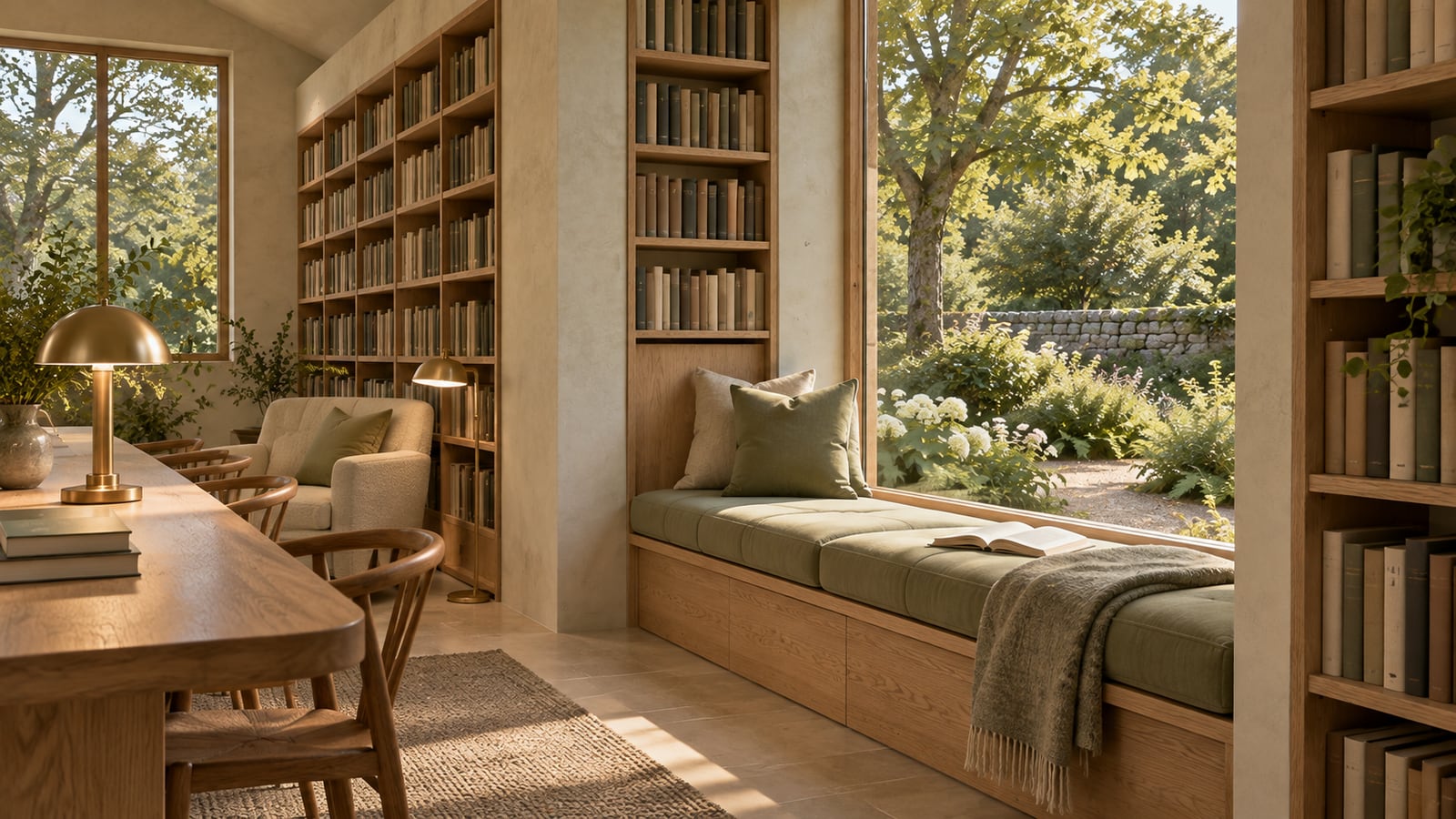 AI-assisted storyboard study: Window seat facing a garden