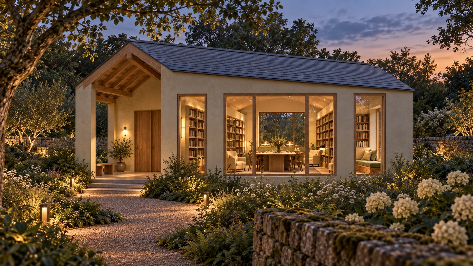 AI-assisted storyboard study: Closing view of the warm reading room from outside