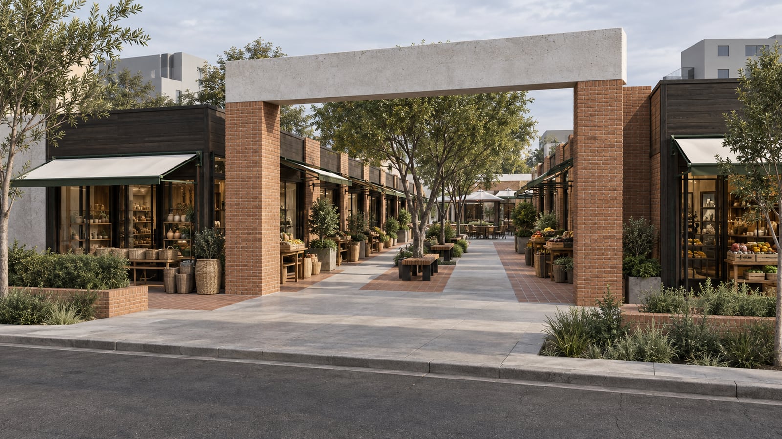 Market Arcade — Street-facing market entrance. AI-assisted concept visualization.