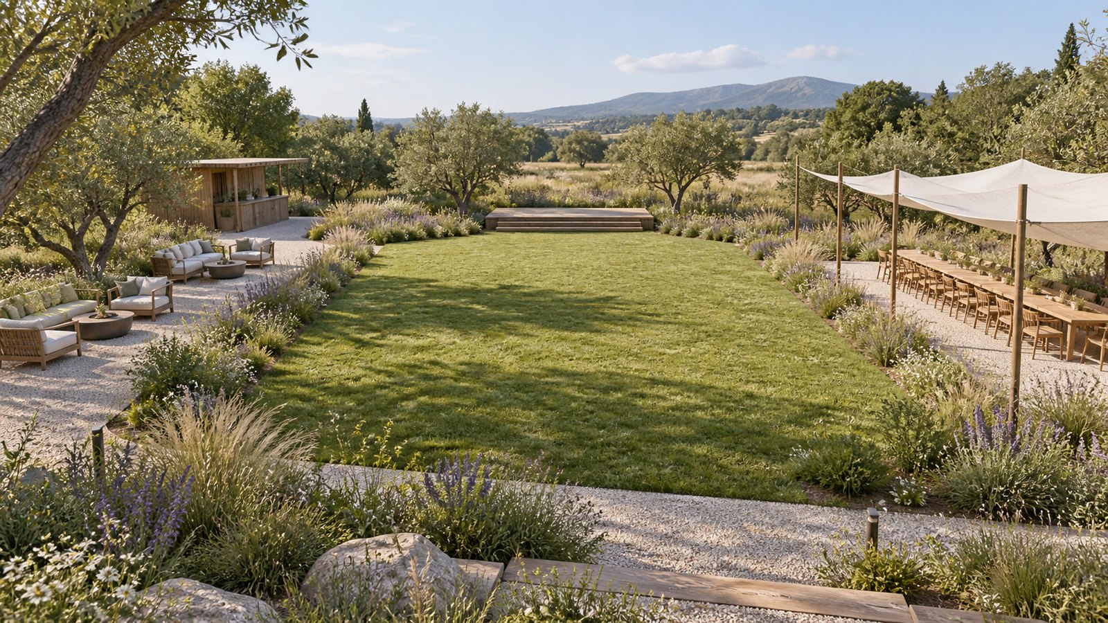 AI-assisted concept visualization: Meadow garden and gathering lawn overview