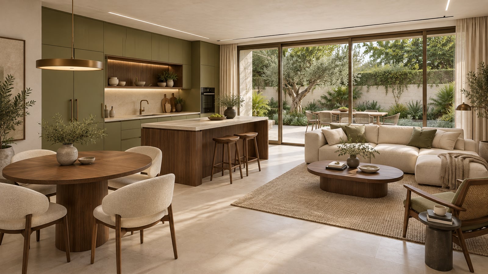 AI-assisted concept visualization: Whole open-plan kitchen and living room