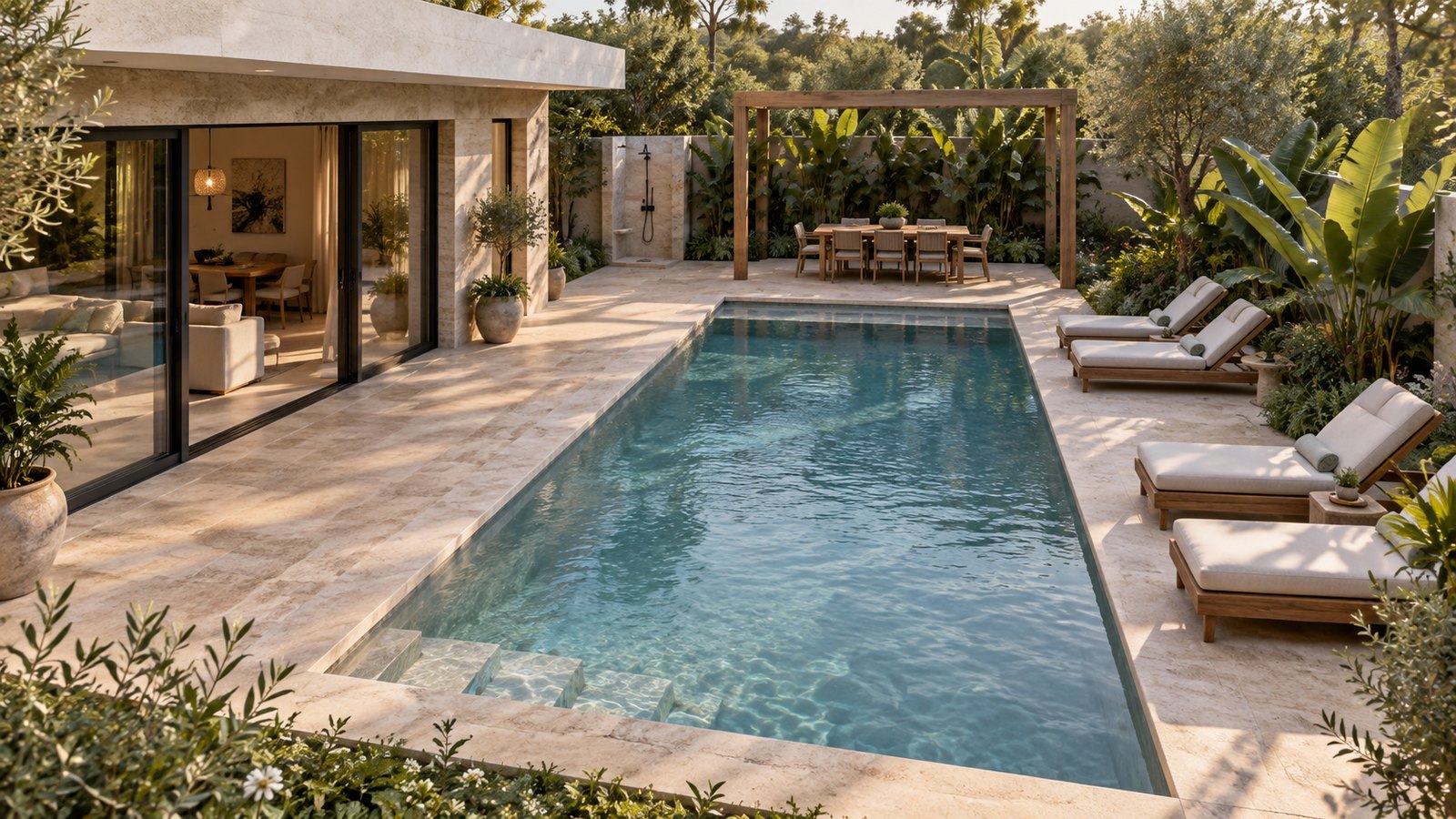 AI-assisted concept visualization: Pool and shaded terrace overview