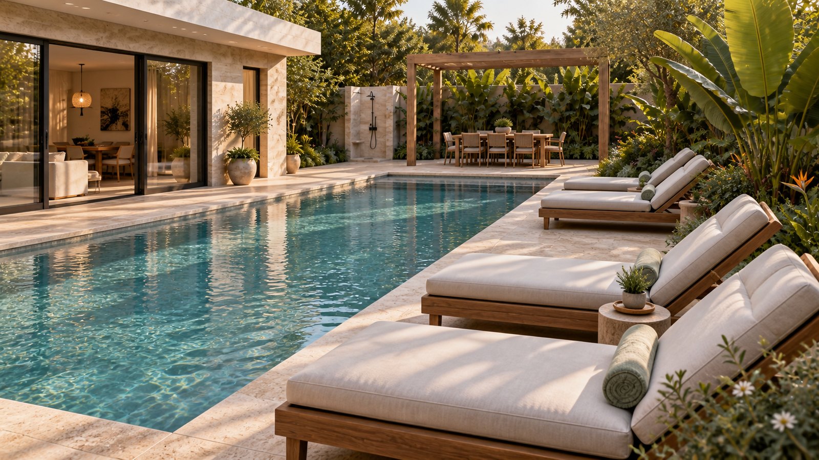 AI-assisted concept visualization: Teak lounge area beside water