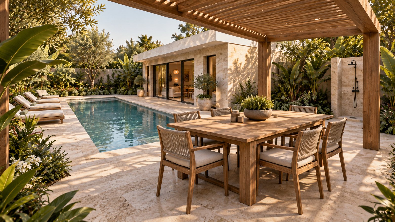 AI-assisted concept visualization: Covered dining pergola