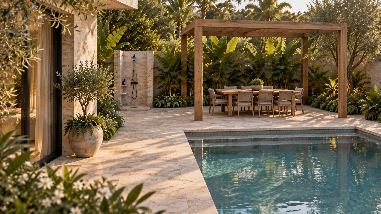 AI-assisted concept visualization: Quiet planted corner beyond the pool