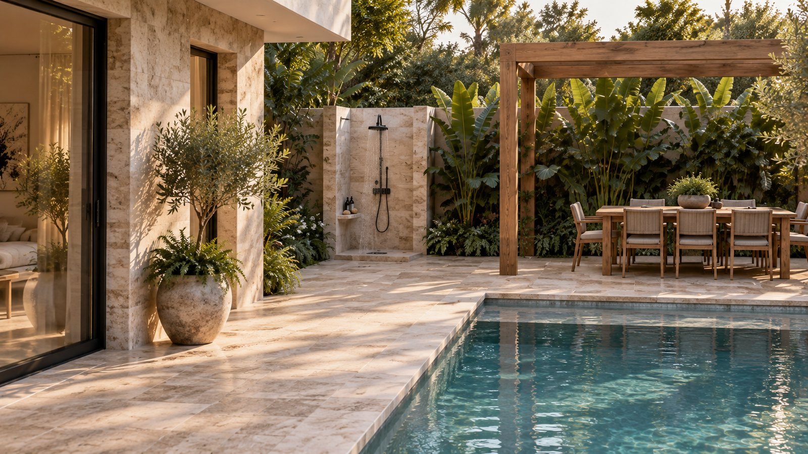 AI-assisted concept visualization: Poolside outdoor shower