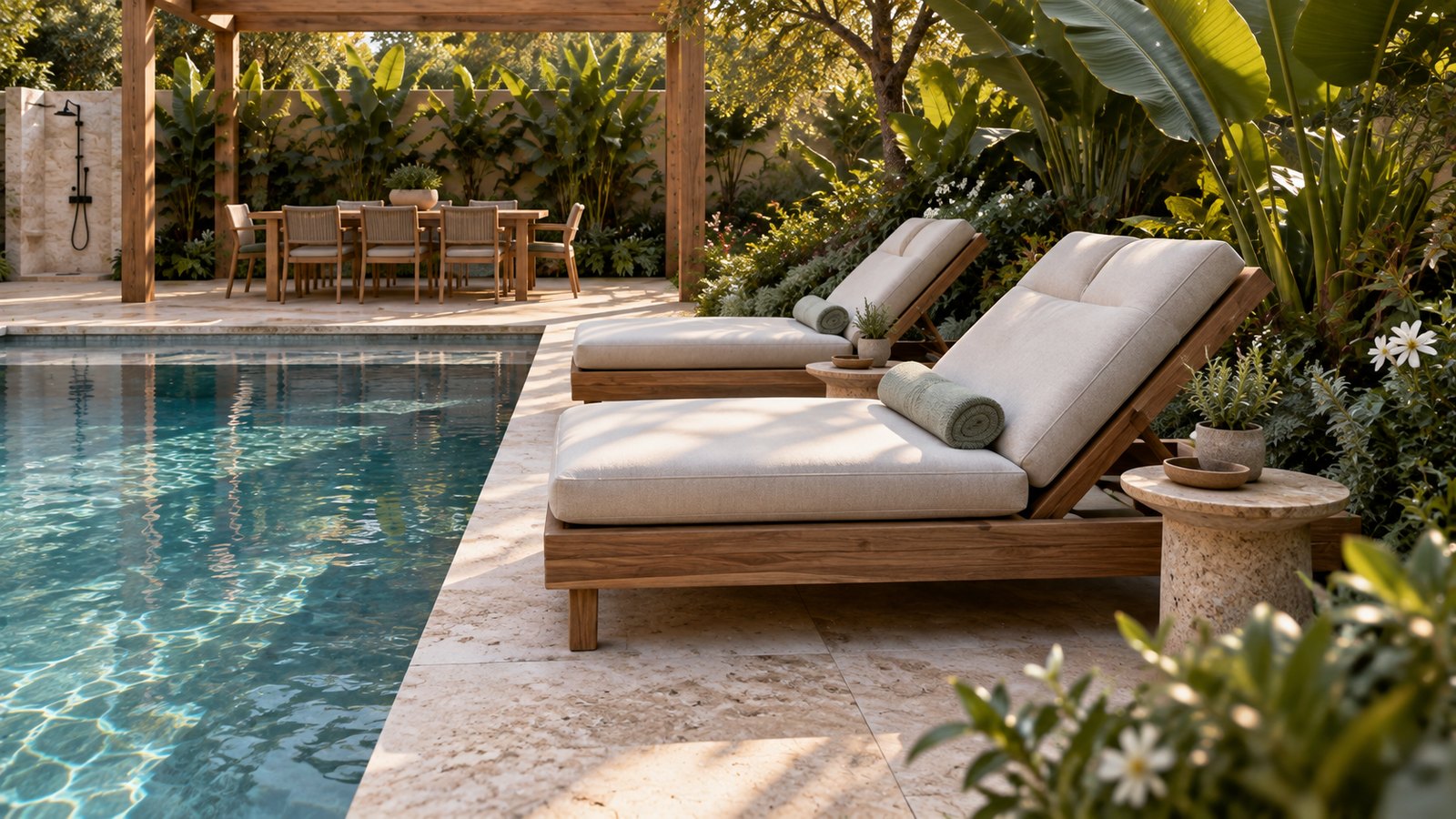 AI-assisted concept visualization: Teak lounger and planting edge detail