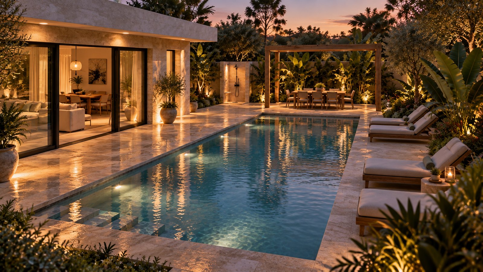 AI-assisted concept visualization: Evening reflections across the terrace