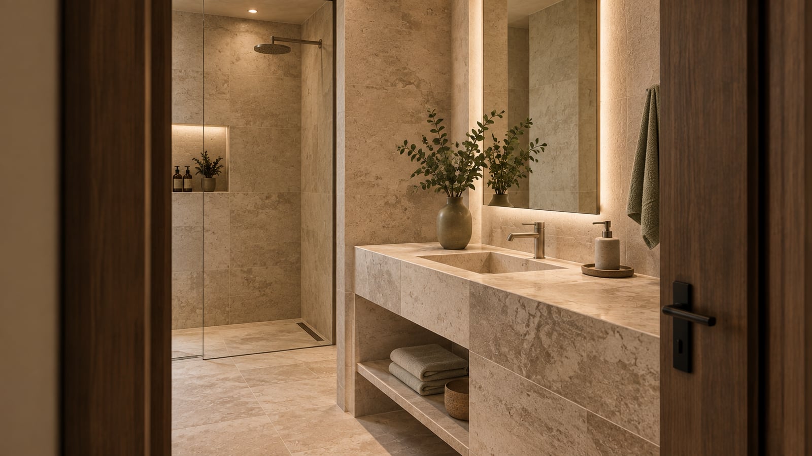 AI-assisted concept visualization: Bathroom behind a soft-toned partition