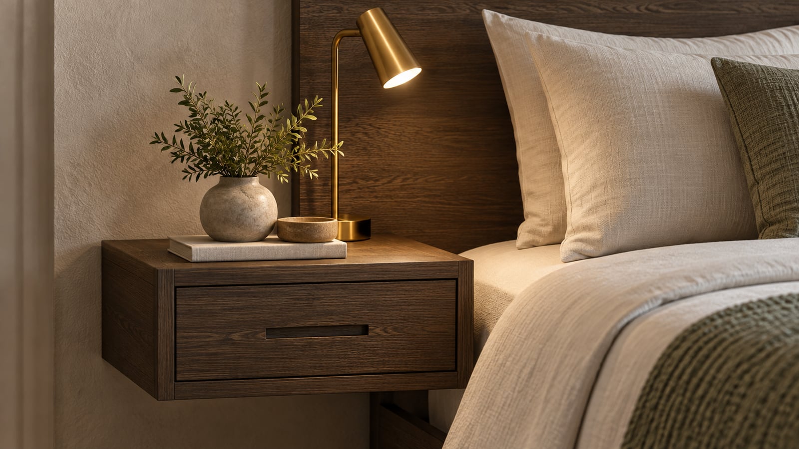 AI-assisted concept visualization: Bedside joinery and lamp detail
