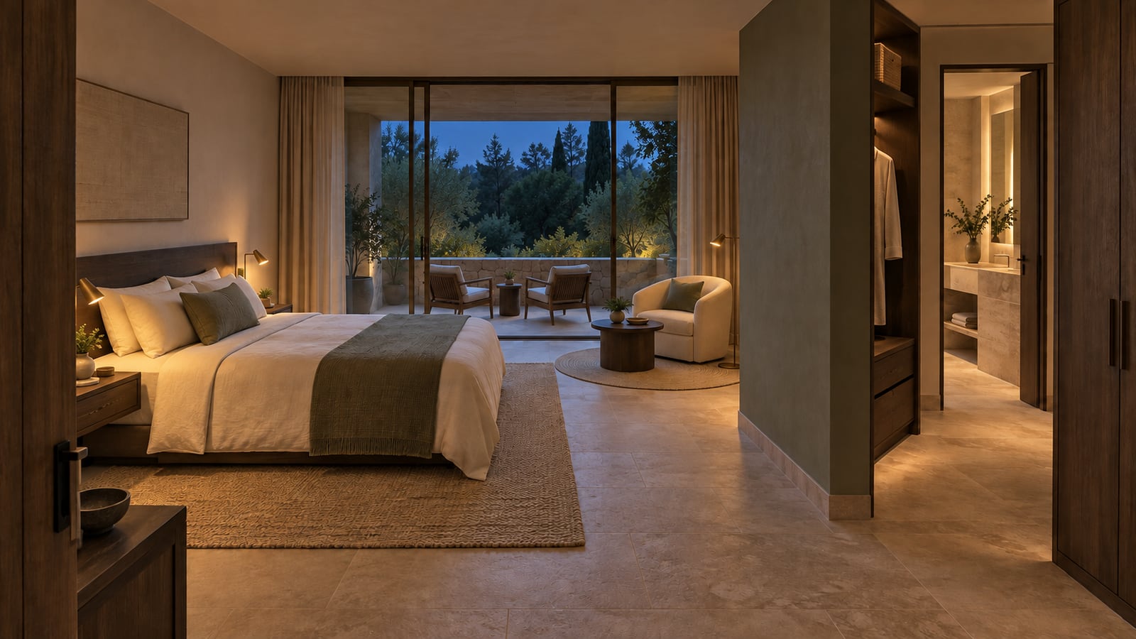 AI-assisted concept visualization: Evening suite with practical lighting