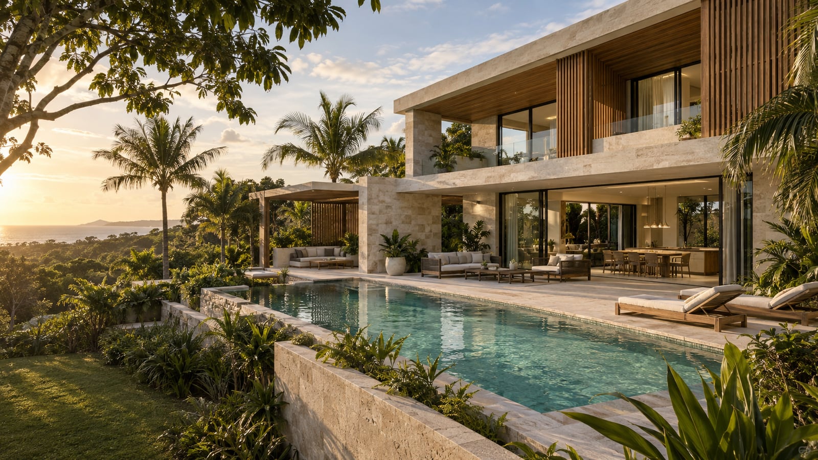 AI-assisted concept visualization of a limestone tropical residence, shaded timber terraces and a private pool